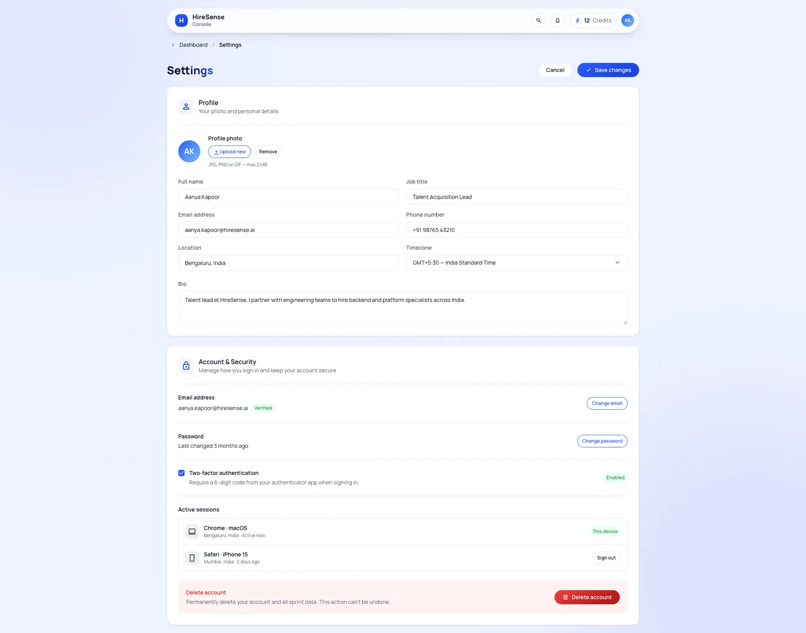 Account settings screen design